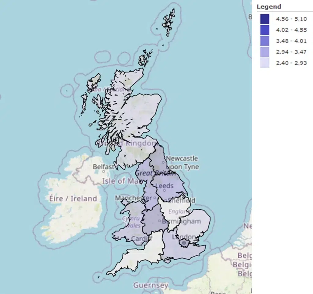 Cartographie des taux de chômage au Royaume-Uni (juin 2022). Source : DWP Alternative Claimant Count statistics and ONS Claimant Count population statistics